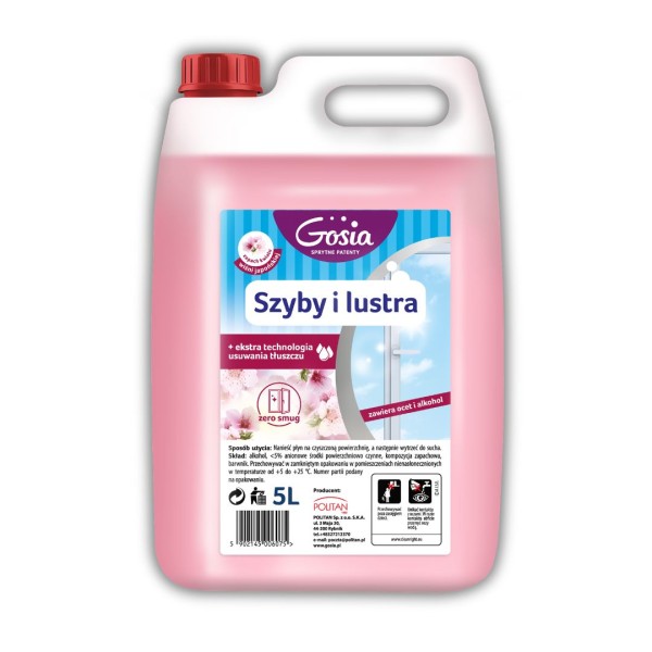 Profesjonalny, różowy płyn do szyb i luster marki Gosia w dużym kanistrze 5 litrów. Formuła z octem i alkoholem gwarantuje czystość bez smug, a technologia usuwania tłuszczu radzi sobie z najtrudniejszymi zabrudzeniami. Przyjemny zapach kwiatu wiśni.