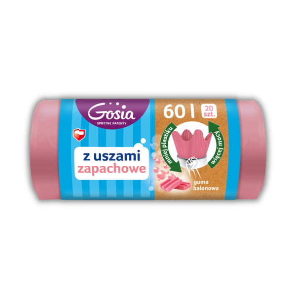 mocne worki na śmieci 60l, worki zapachowe Gosia, guma balonowa worki do śmieci, worki z uszami 60 litrów, różowe worki na odpady, akcesoria do sprzątania Gosia.