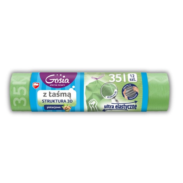 Gosia Worki na śmieci 35l z taśmą, 12 szt. Ultra elastyczne, kolor pistacjowy, innowacyjna struktura 3D odporna na rozdarcia. Idealne do domu i biura. Sprytne patenty.