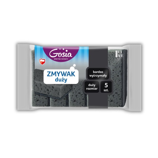 Zmywak duży Gosia Modern Line. Bardzo wytrzymała gąbka kuchenna do zmywania naczyń i czyszczenia blatów. Duży rozmiar zapewnia wygodę, a mocna warstwa szorująca skutecznie usuwa brud. Opakowanie zawiera 5 sztuk szarych zmywaków.