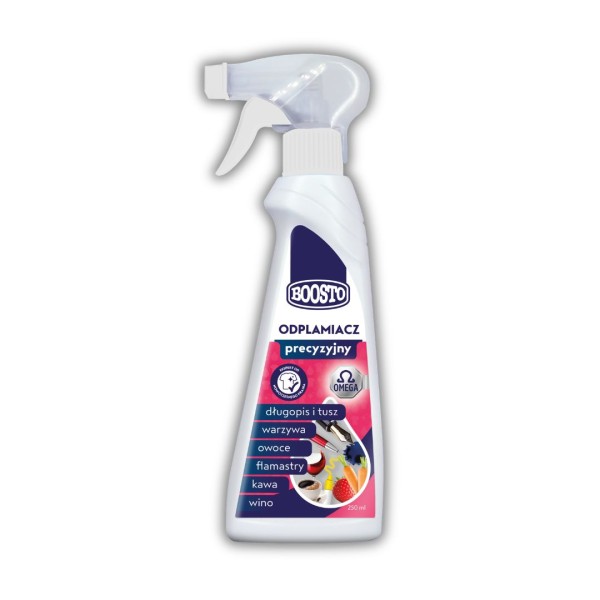 Precyzyjny odplamiacz w sprayu Boosto Omega. Skutecznie usuwa plamy z długopisu, tuszu, warzyw, owoców, flamastrów, kawy i wina. Formuła w sprayu pozwala na łatwą, punktową aplikację na tkaniny. Niezastąpiony pomocnik w walce z trudnymi zabrudzeniami.