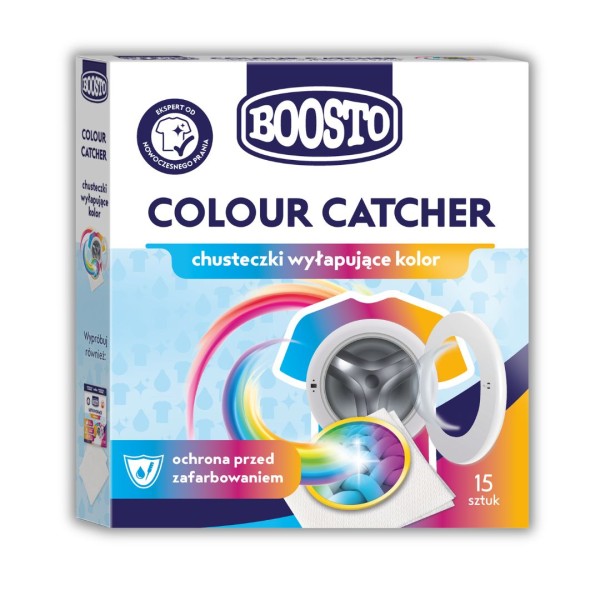 Chusteczki wyłapujące kolor Boosto Colour Catcher (15 szt.). Skutecznie chronią ubrania przed zafarbowaniem podczas prania, wychwytując uwolnione barwniki. Pozwalają na bezpieczne łączenie kolorytów. Ekspert od nowoczesnego i bezstresowego prania!