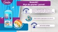Grafika promocyjna nowego płynu do mycia płytek i paneli Gosia, przedstawiająca zalety produktu: separator brudu, wysoką wydajność oraz zapach pomarańczy.