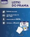 Grafika promocyjna uniwersalnych listków piorących Boosto, prezentująca opakowanie (20 prań), pojedyncze listki oraz kluczowe zalety.
