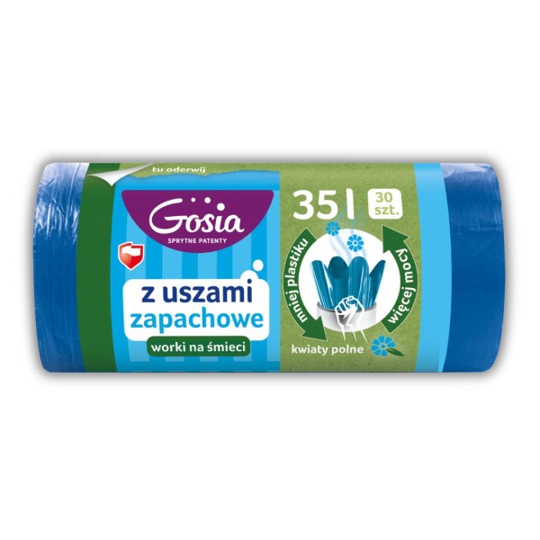 Zapachowe worki na śmieci z uszami Gosia 35 l (30 szt.) o aromacie kwiatów polnych! Formuła mniej plastiku, więcej mocy gwarantuje wysoką odporność na rozerwanie. Praktyczne uszy ułatwiają wiązanie i przenoszenie. Sprytne patenty od Gosia!